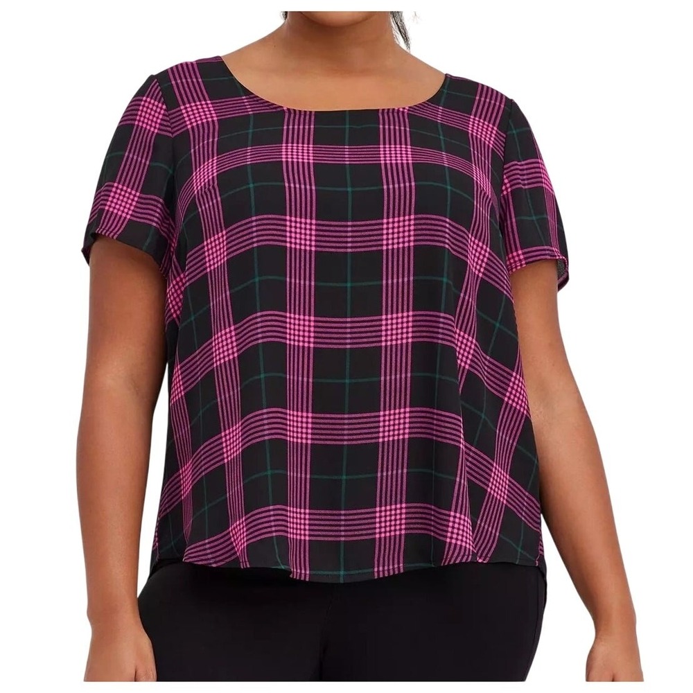 Torrid Abbey Georgette Plaid Top Womens 4XL Pink Plaid Back Button Dark Academia
